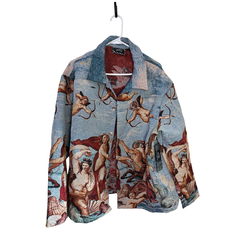 Rebel Vengeance Renaissance Tapestry Jacket Blue Cherub Woven Shirt Jacket NWT
